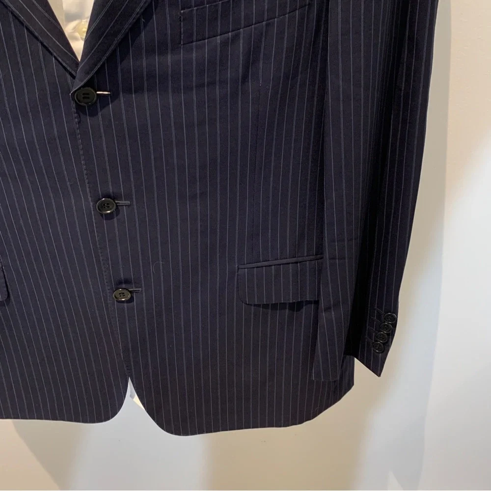 Italian Canali Mens Three Button Notched Blazer Jacket navy Pinstriped Wool Sz44